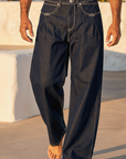 Pile Detaylı Kontrast Baggy Fit Erkek Lacivert Kot Pantolon 17255-1
