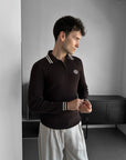 Yarım Fermuarlı Polo Nakışlı Slim fit Kahve Kazak 3469