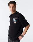 Saw Urbanity Manifest Baskılı Nakış Detaylı Siyah Oversize Tshirt 4867