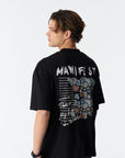Saw Urbanity Manifest Baskılı Nakış Detaylı Siyah Oversize Tshirt 4867