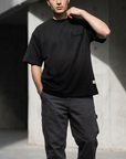 Yün ip Aplikeli Siyah Oversize Tshirt 5085