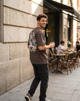 Çiçek Nakışlı Kahve Oversize Tshirt 5156