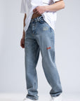 Nakışlı Erkek Baggy Mavi Kot Pantolon 6379