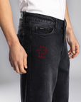 Nakışlı Erkek Baggy Siyah Kot Pantolon 6553
