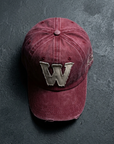 W Aplikeli Retro Yıkamalı Bordo Cap Şapka