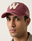 W Aplikeli Retro Yıkamalı Bordo Cap Şapka