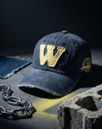 W Aplikeli Retro Yıkamalı Lacivert Cap Şapka