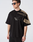 Omuz Baskı Nakışlı Siyah Oversize Tshirt 4865
