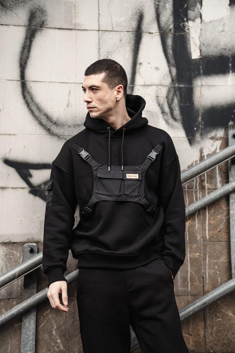 Çanta Cepli Siyah Oversize Kapüşonlu Sweatshirt Jogger Takım