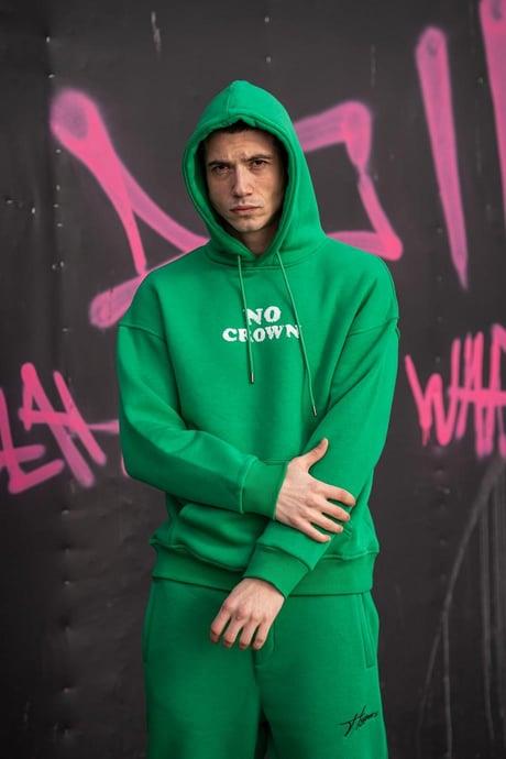 No Crown Baskılı Yeşil Kapüşonlu Oversize Sweatshirt
