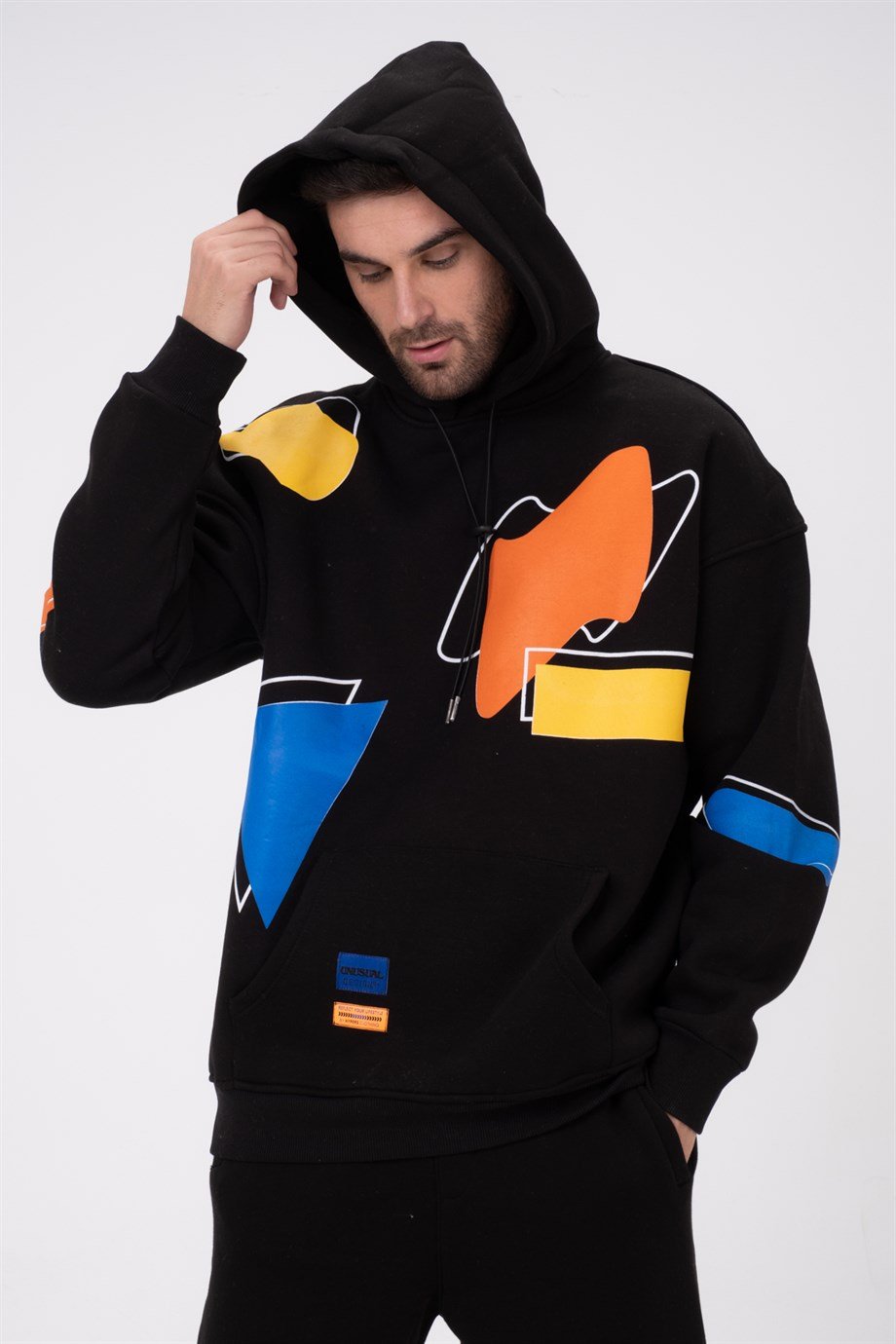 Colorful Baskılı Siyah Kapüşonlu Oversize Sweatshirt
