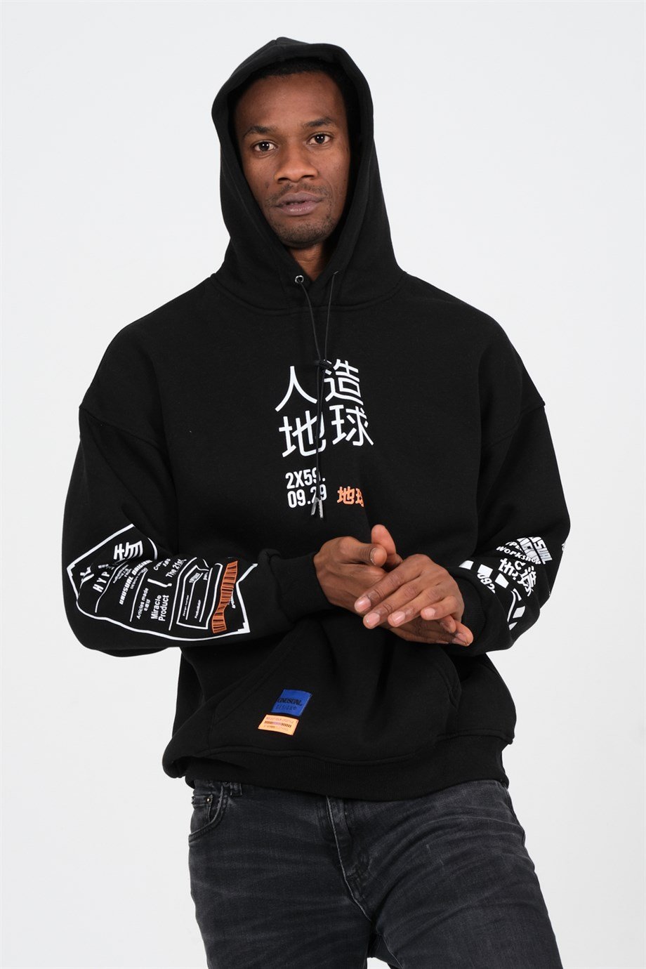 Hand Made Baskılı Siyah Kapüşonlu Oversize Sweatshirt