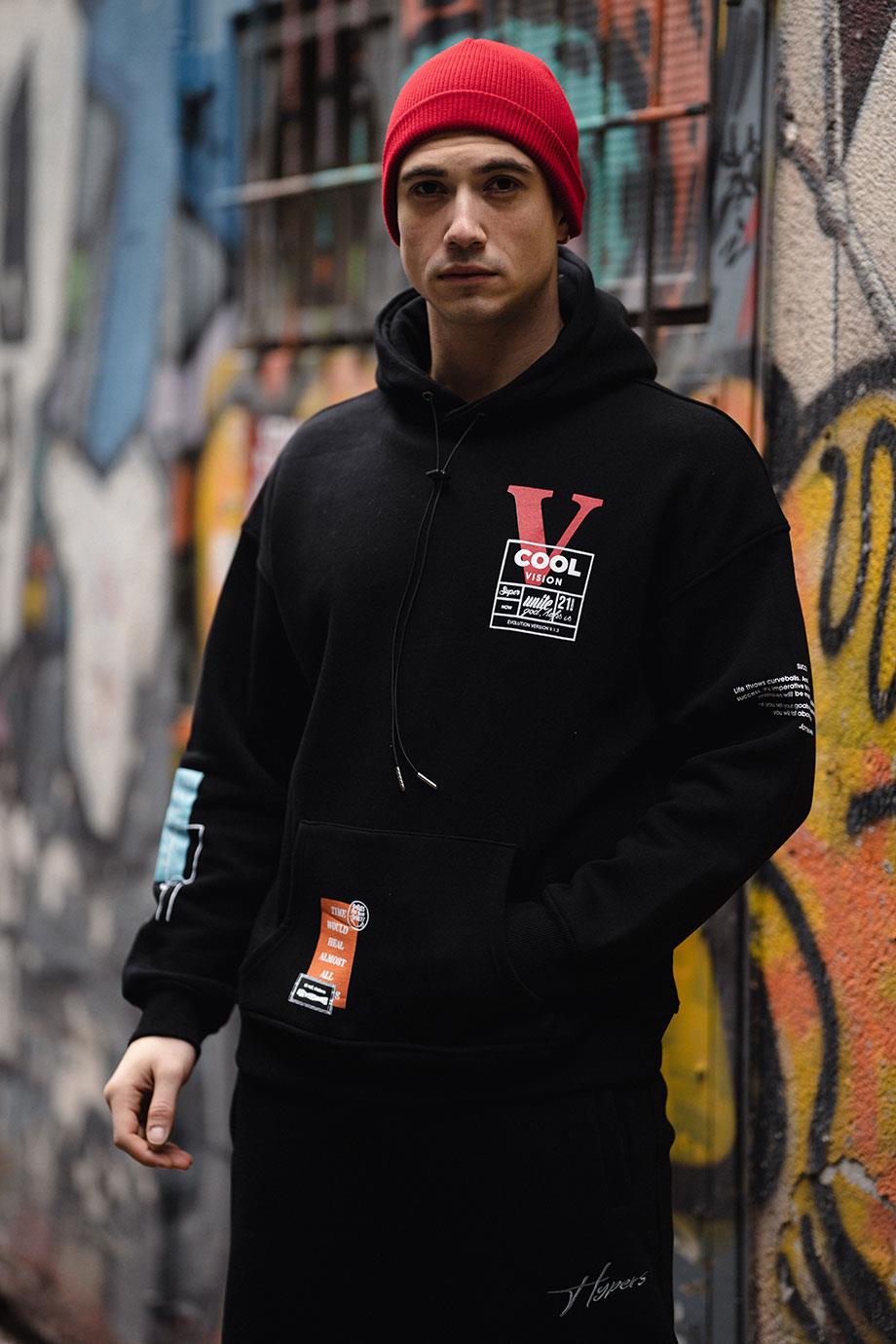 V Cool Baskılı Siyah Kapüşonlu Oversize Sweatshirt
