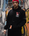 V Cool Baskılı Siyah Kapüşonlu Oversize Sweatshirt