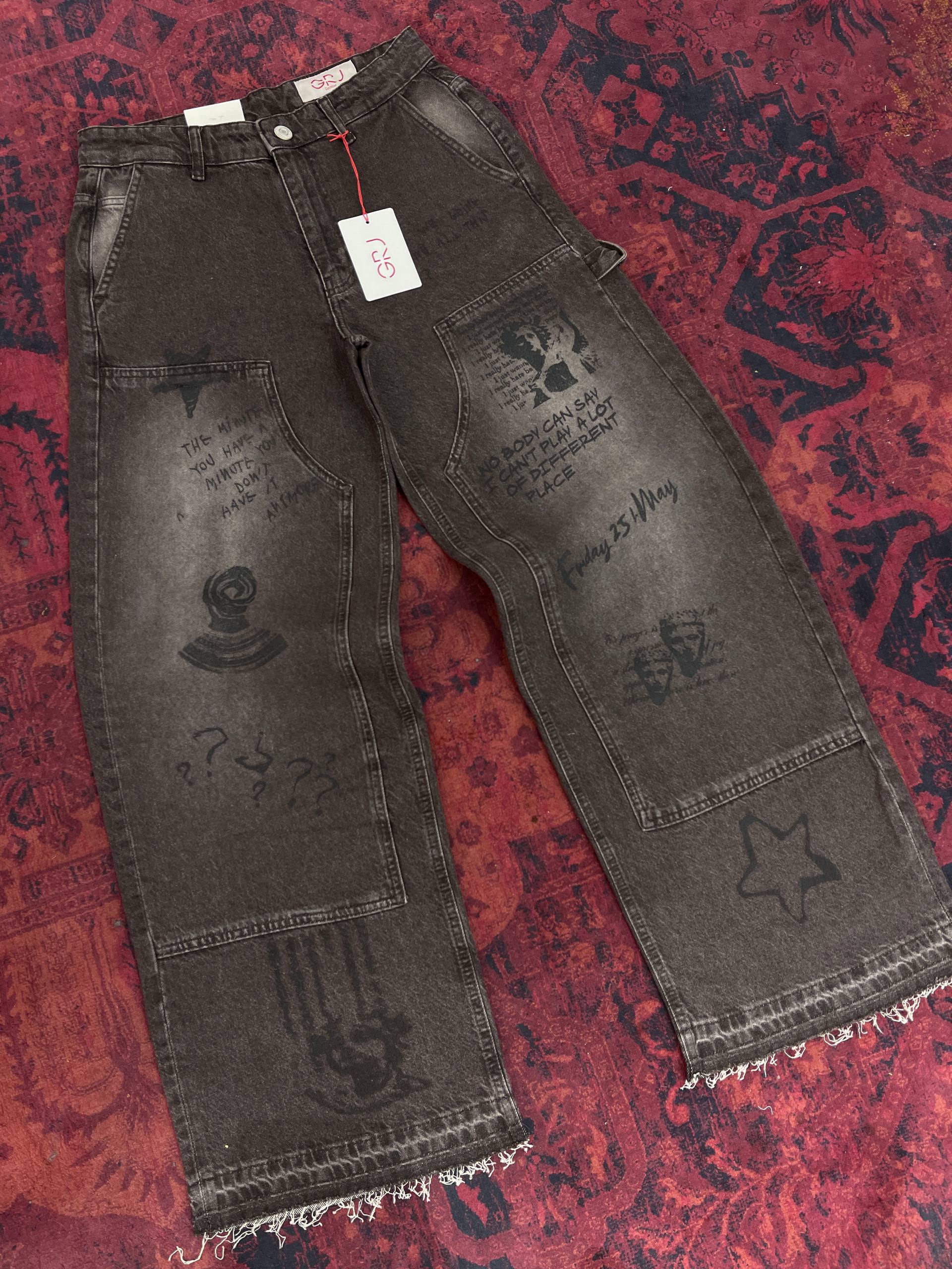 Grafik Desenli Baggy kalıp Erkek Kahve Kot Pantolon 17295
