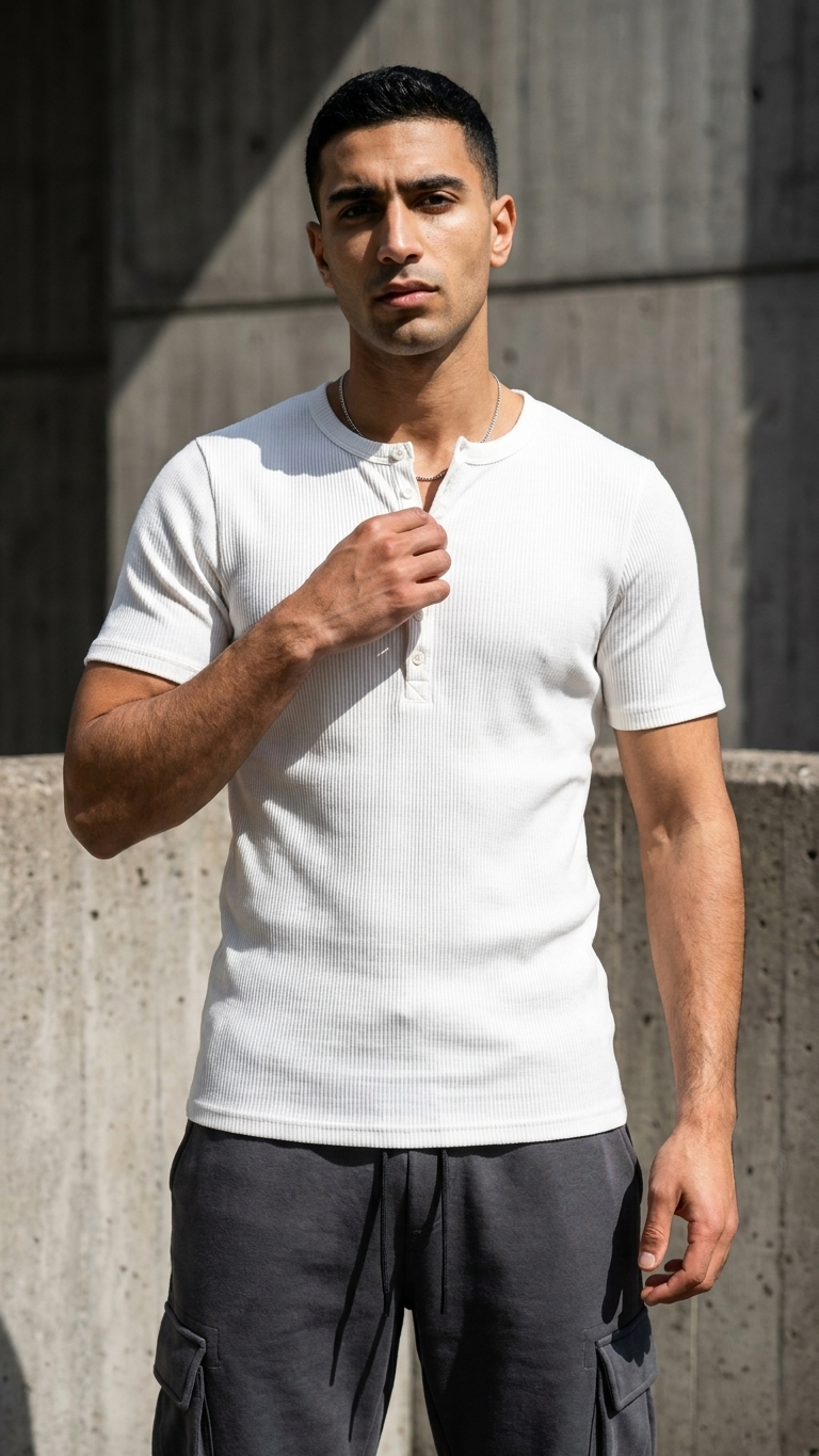 Slim Fit Düğmeli Henley Beyaz Tshirt 22338