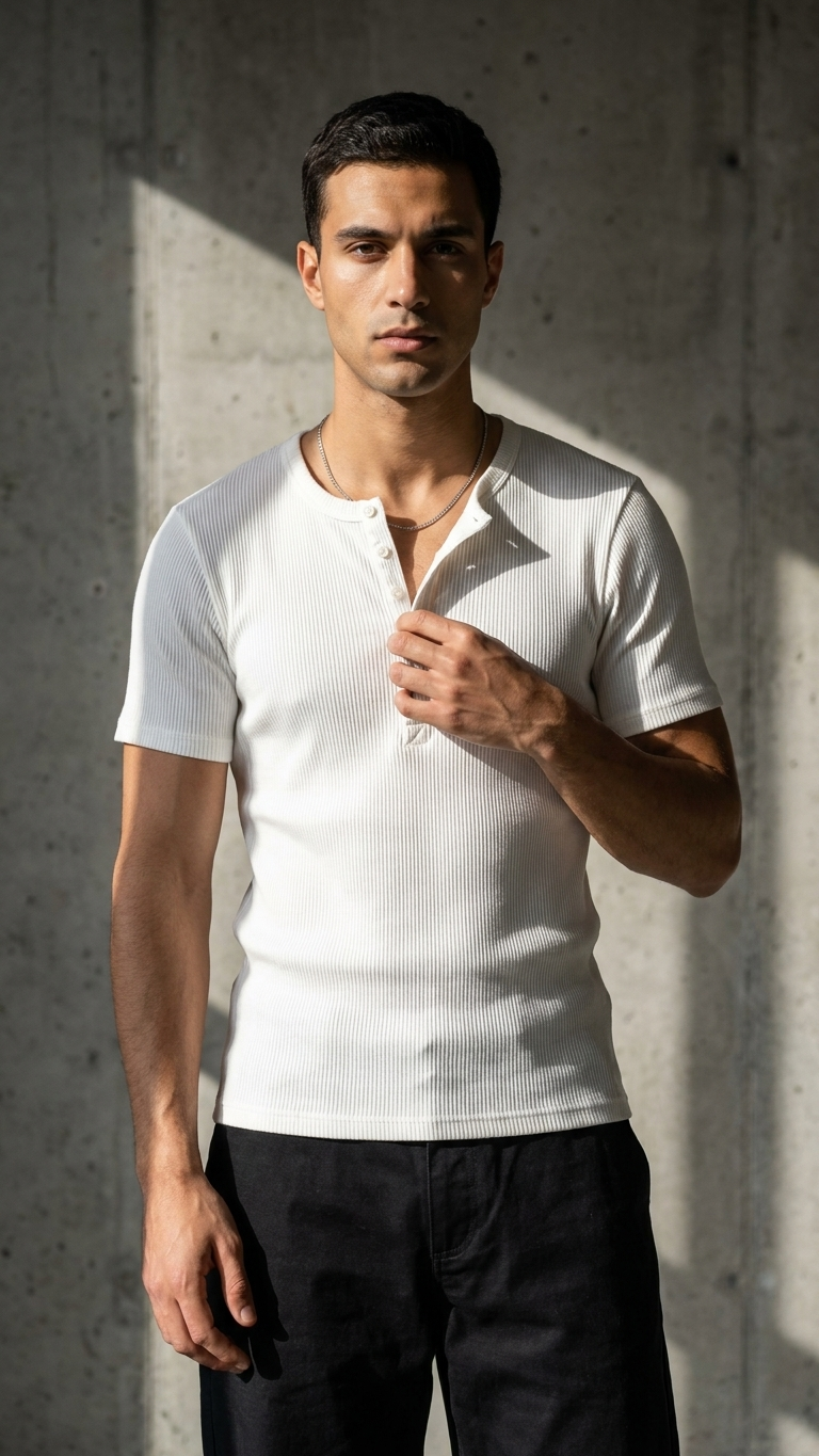 Slim Fit Düğmeli Henley Beyaz Tshirt 22338