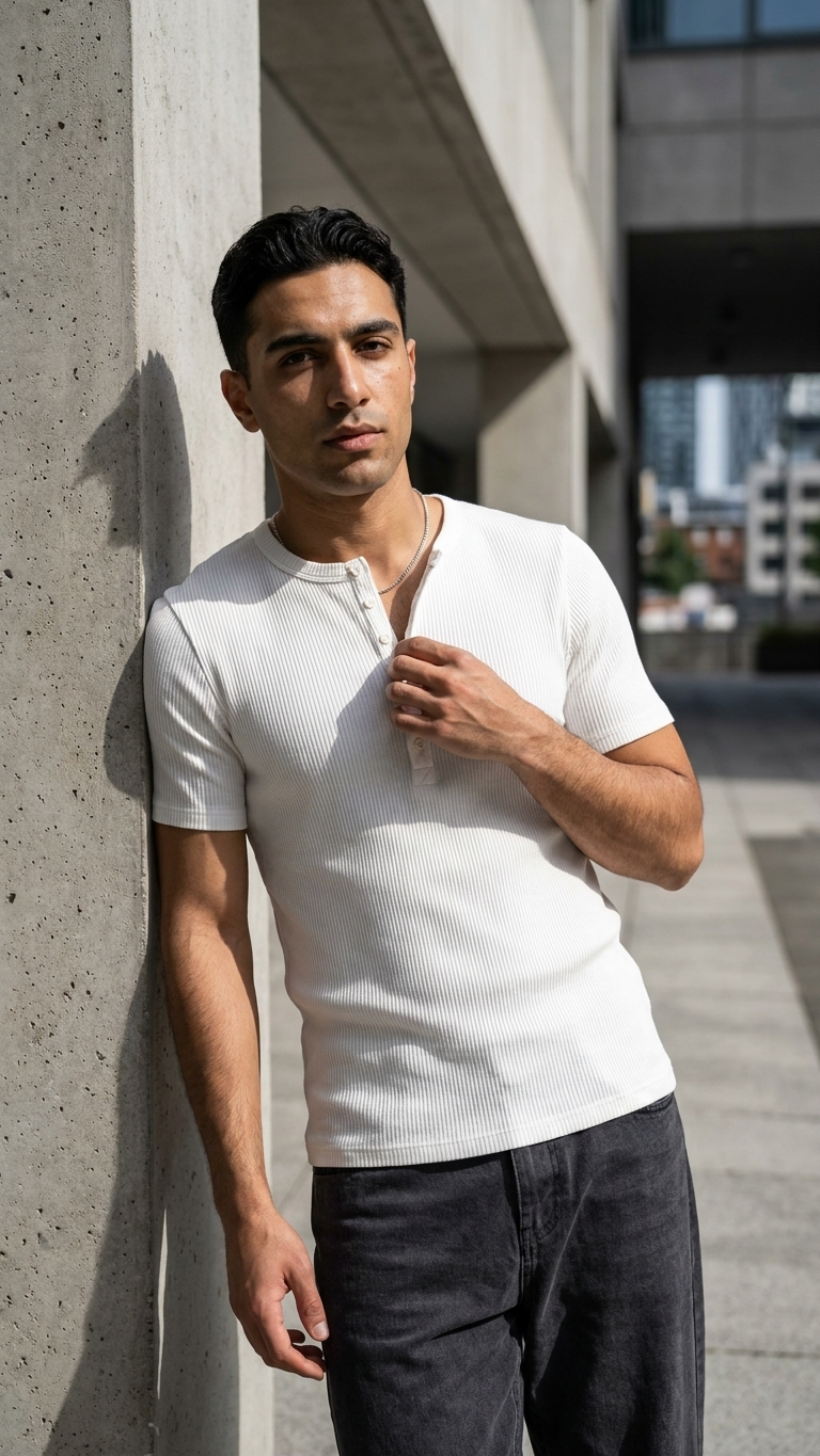 Slim Fit Düğmeli Henley Beyaz Tshirt 22338