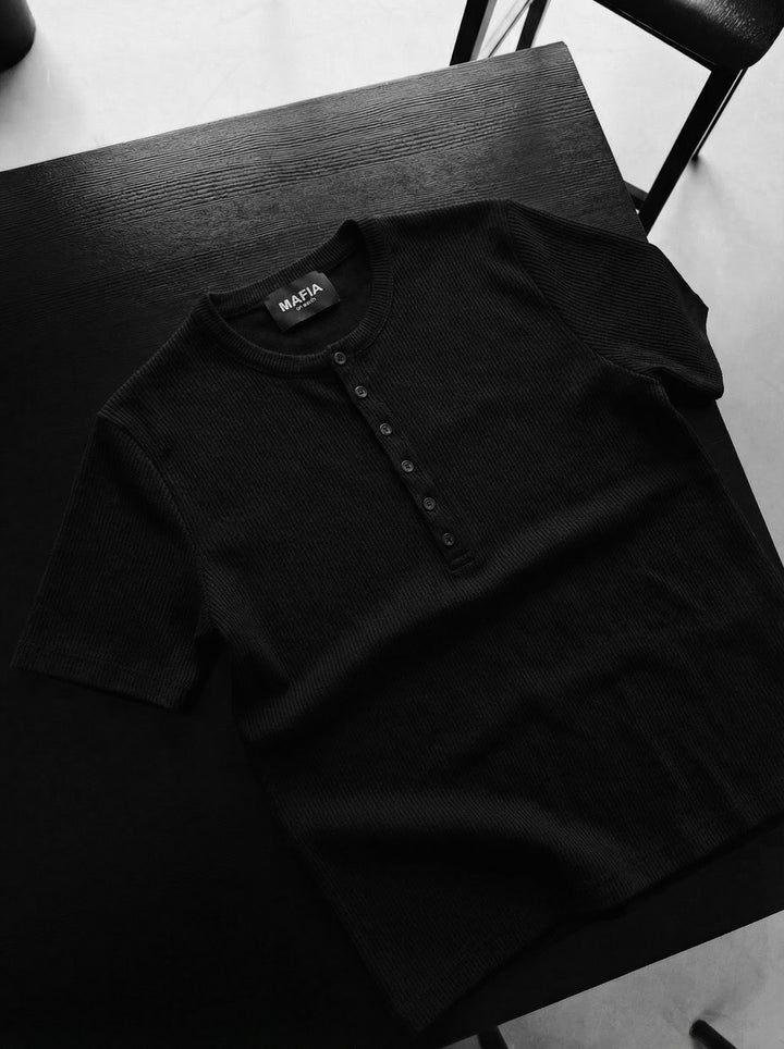 Slim Fit Düğmeli Henley Siyah Tshirt 22338