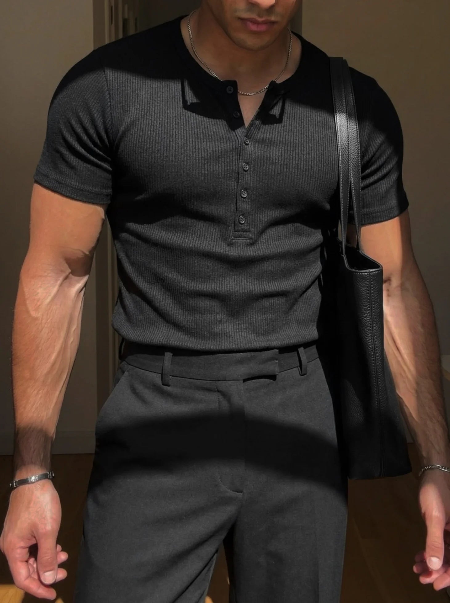 Slim Fit Düğmeli Henley Siyah Tshirt 22338