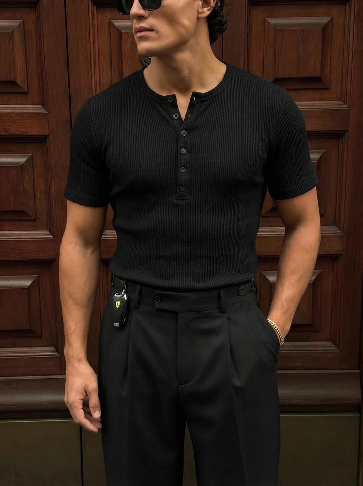 Slim Fit Düğmeli Henley Siyah Tshirt 22338