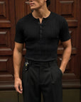 Slim Fit Düğmeli Henley Siyah Tshirt 22338