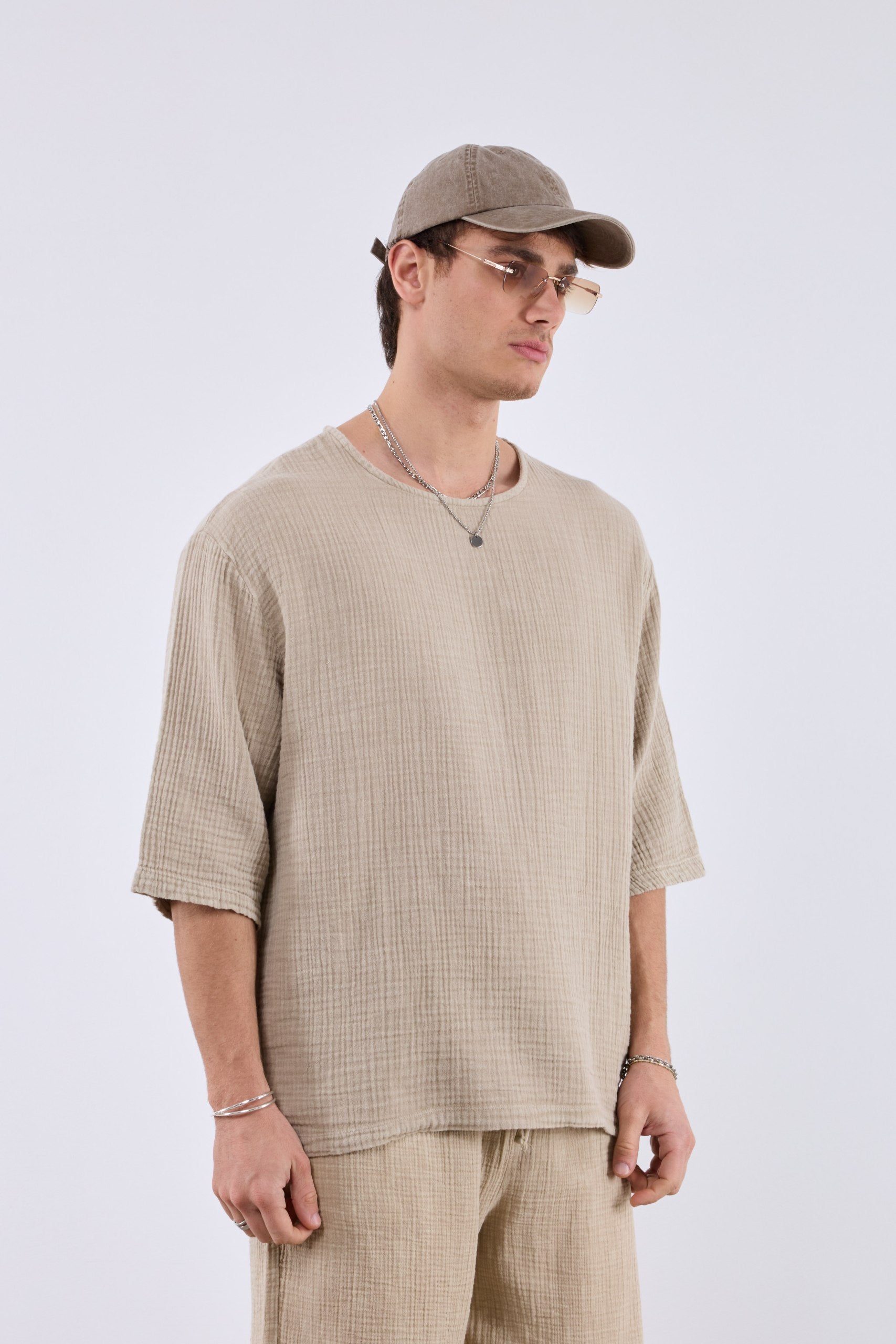 Yıkamalı Müslin Fakir kol Bej Tshirt 261005