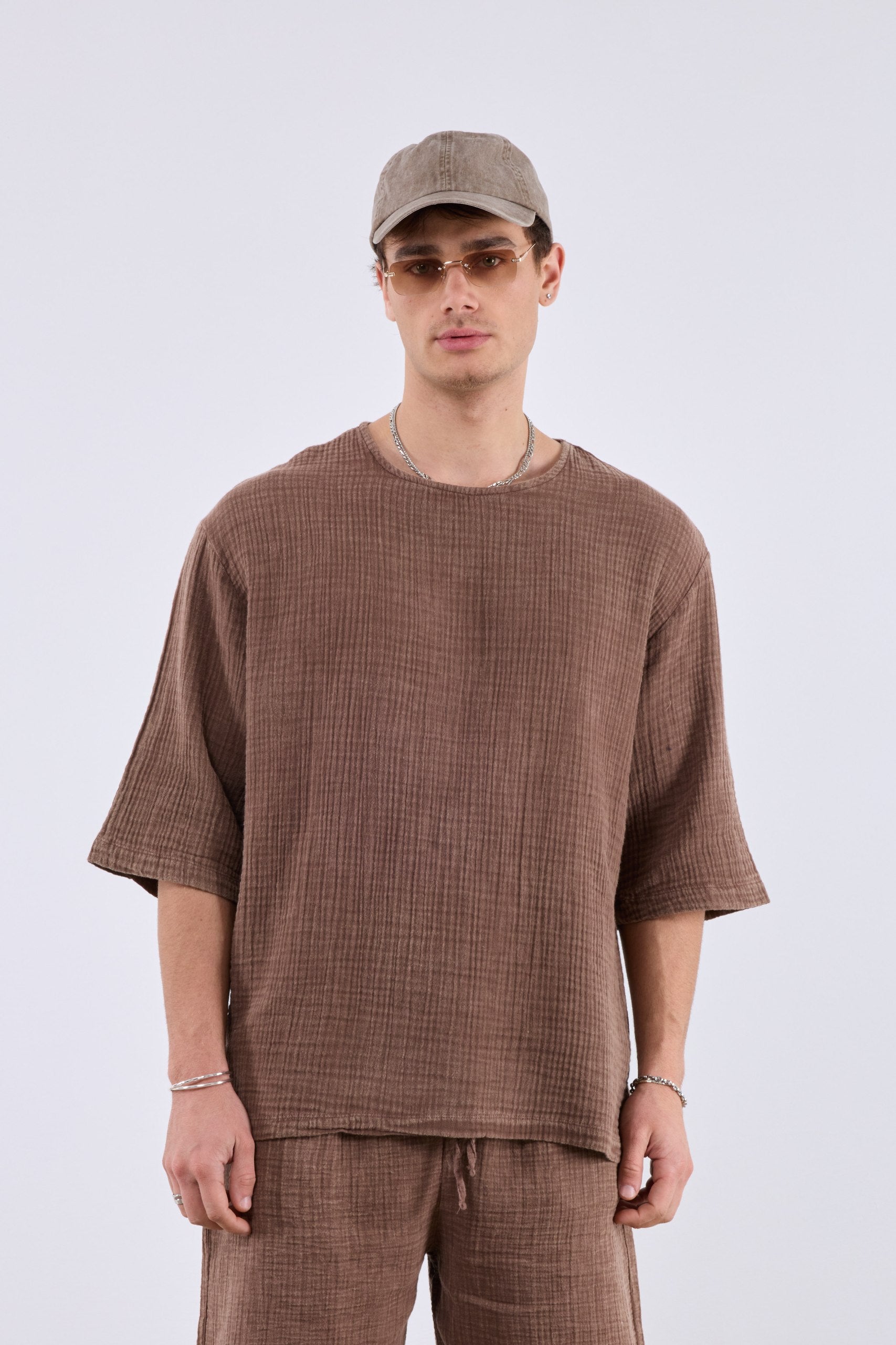 Yıkamalı Müslin Fakir kol Kahve Tshirt 261005