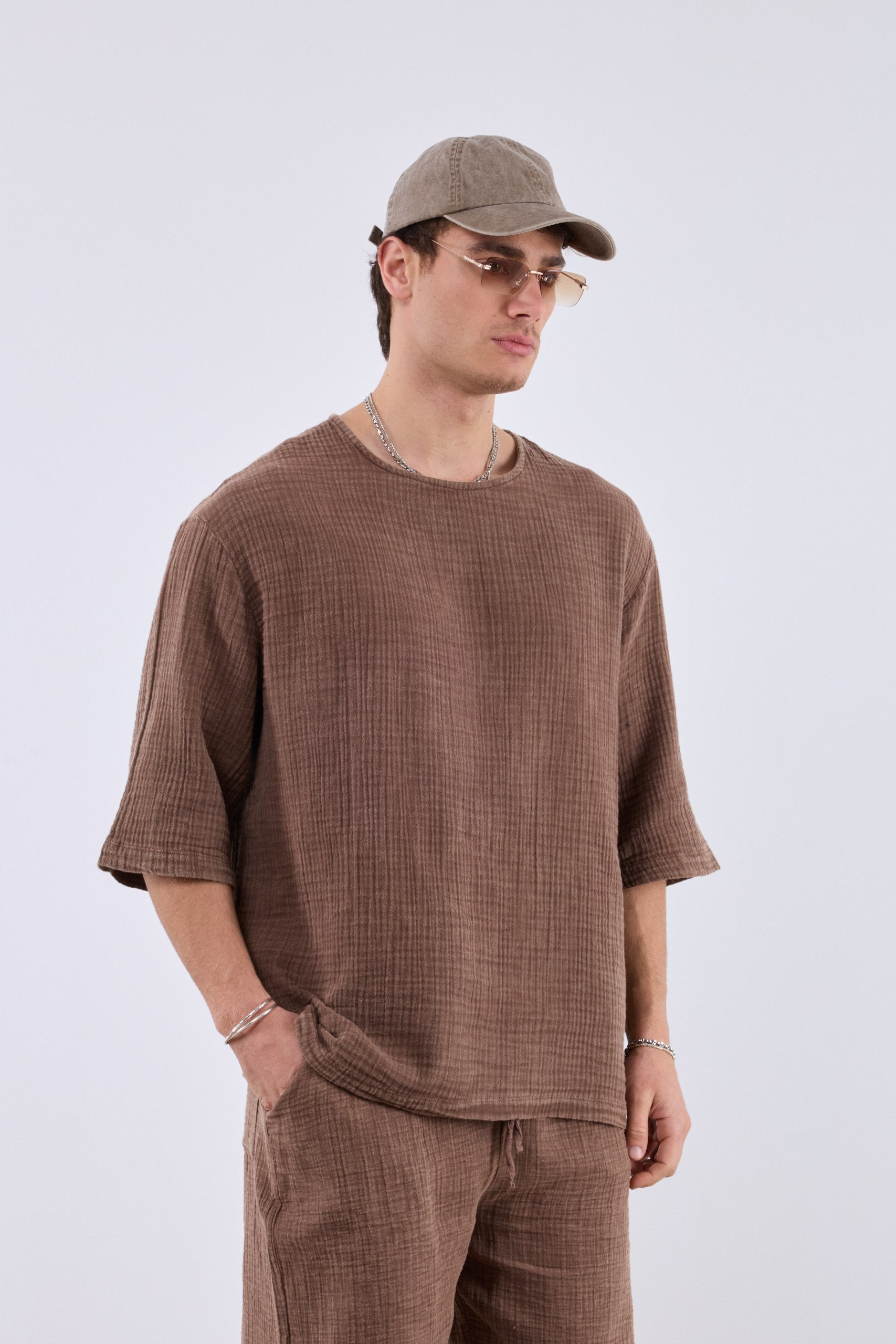 Yıkamalı Müslin Fakir kol Kahve Tshirt 261005