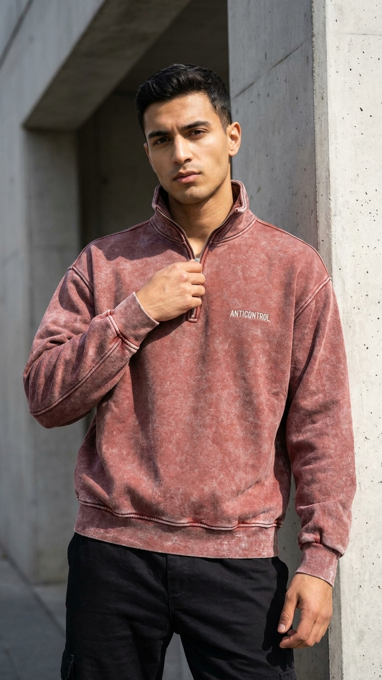 Yarım Fermuarlı Yıkama Efect Oversize Bordo Sweatshirt 3245