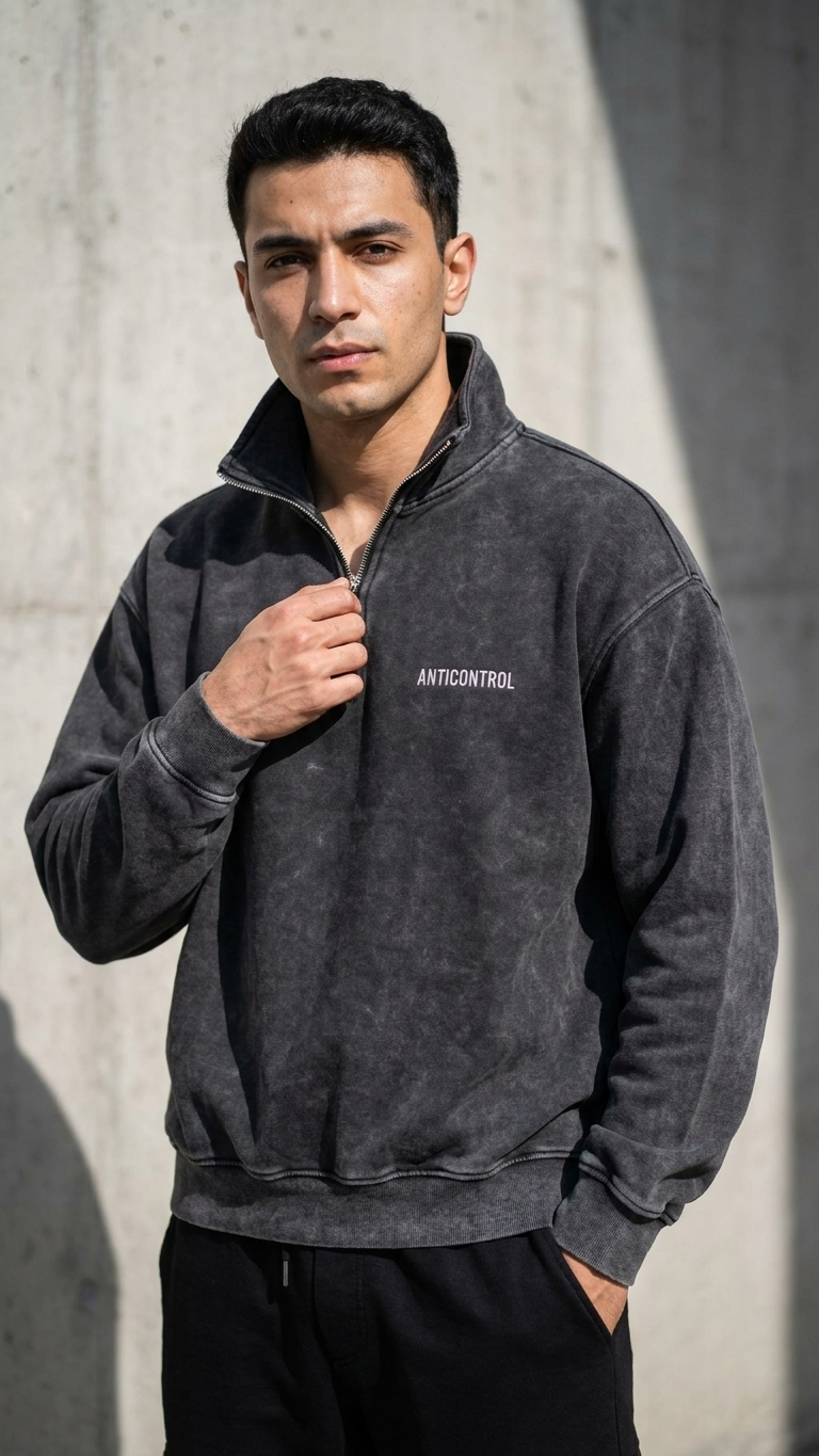 Yarım Fermuarlı Yıkama Efect Oversize Sweatshirt 3245
