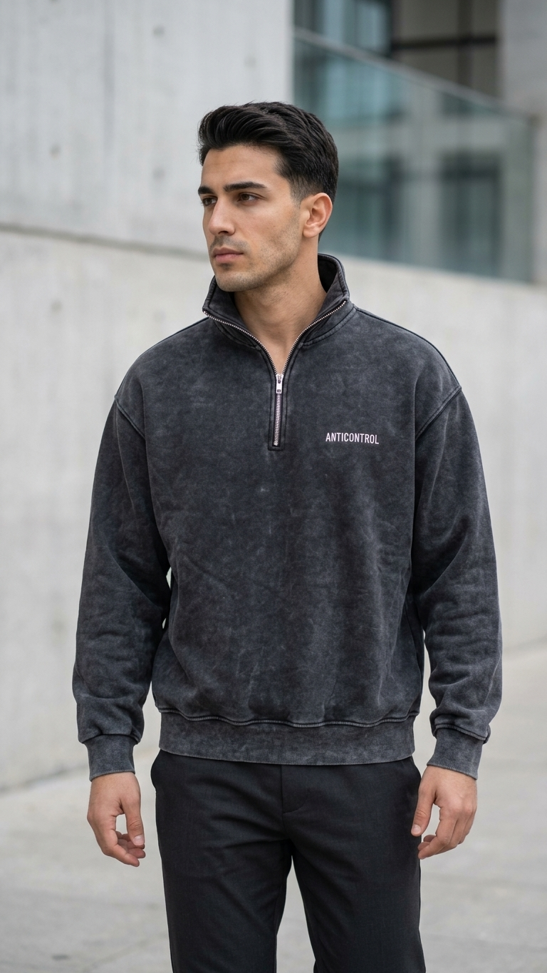 Yarım Fermuarlı Yıkama Efect Oversize Sweatshirt 3245