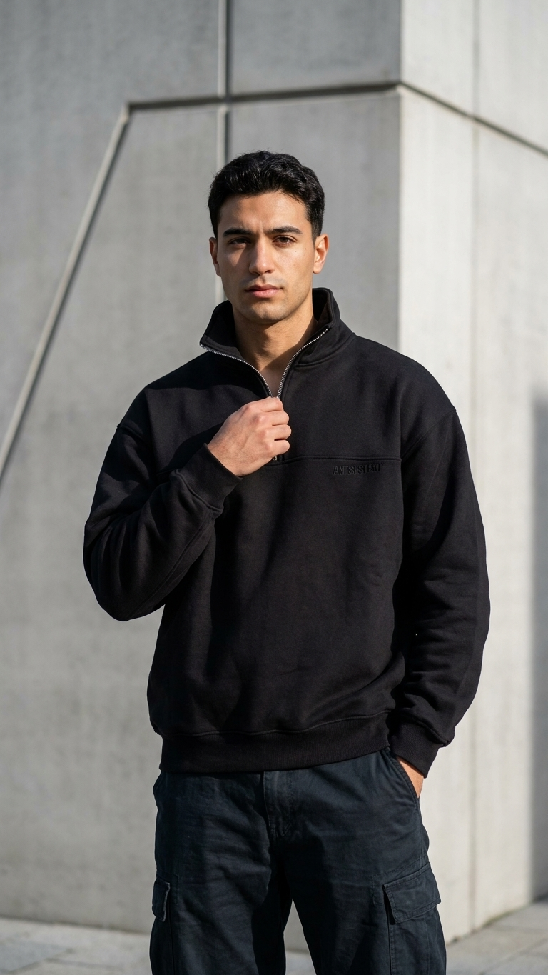 Yarım Fermuarlı Oversize Siyah Sweatshirt 3246