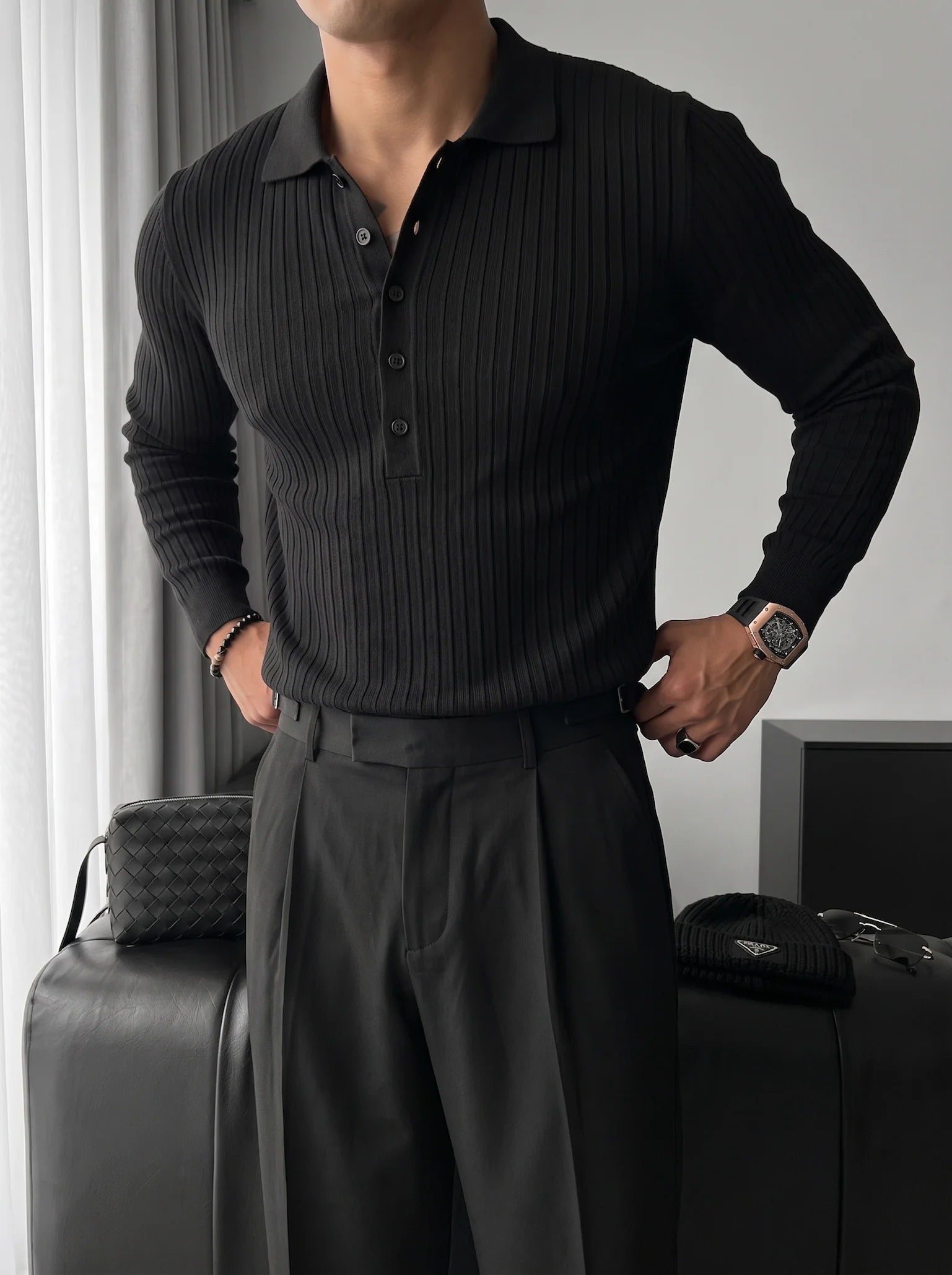 Slim fit Polo Fitilli Siyah Erkek Kazak 3465