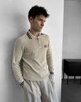 Yarım Fermuarlı Polo Nakışlı Slim fit Bej Kazak 3469