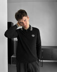 Yarım Fermuarlı Polo Nakışlı Slim fit Siyah Kazak 3469