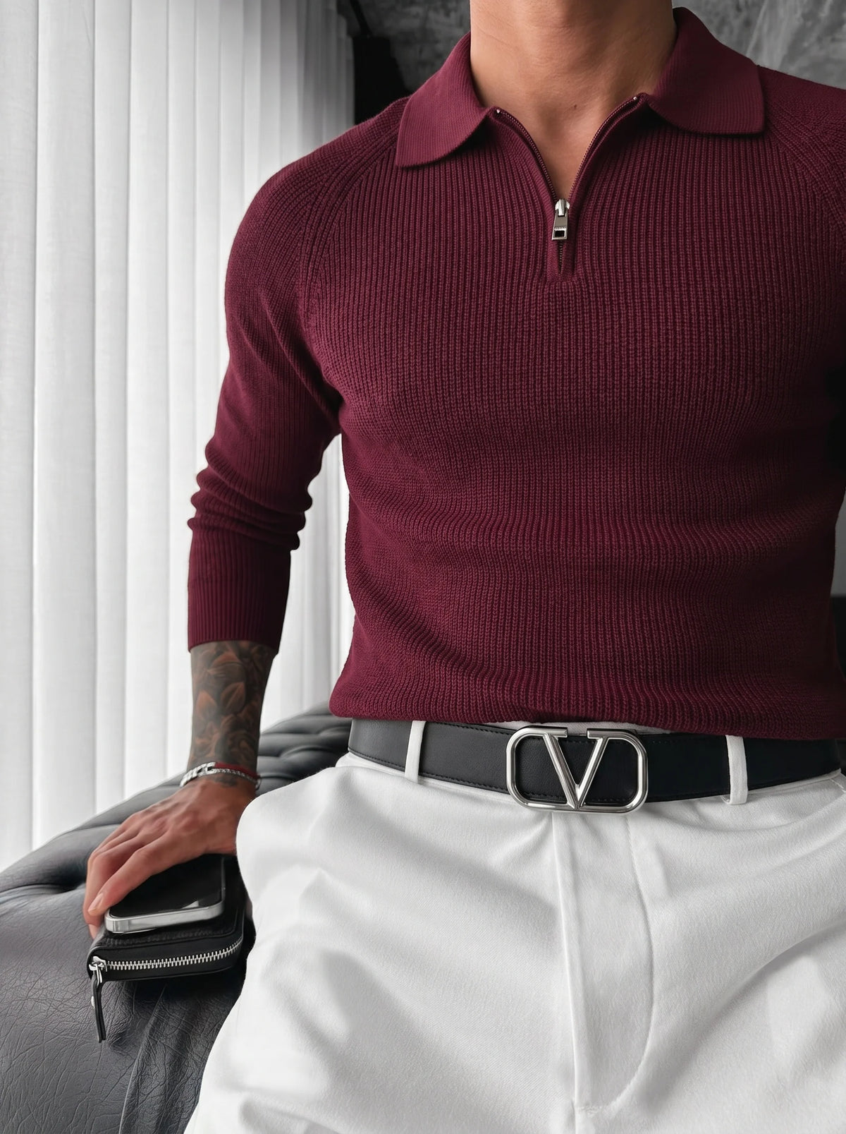 Yarım Fermuarlı Polo Slim fit Bordo Kazak 3470