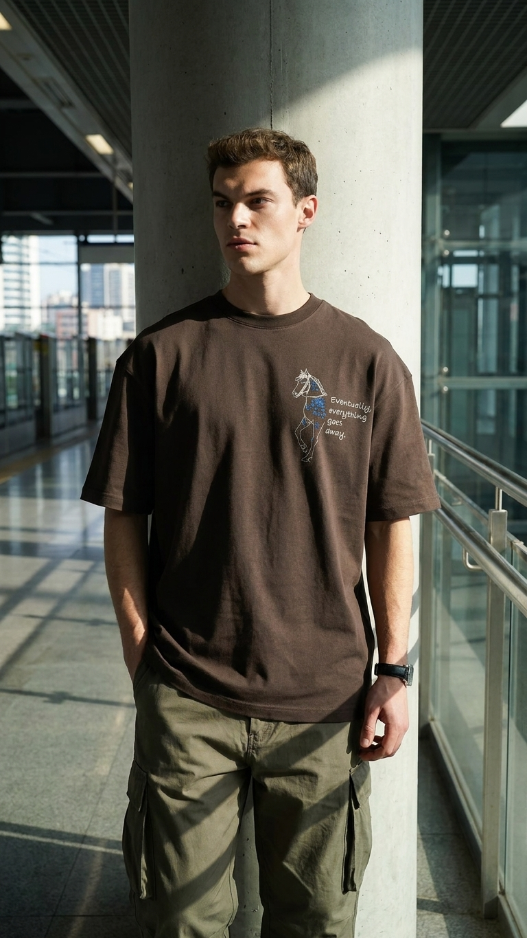 At Aplike Detaylı Kahve Oversize Tshirt 5054