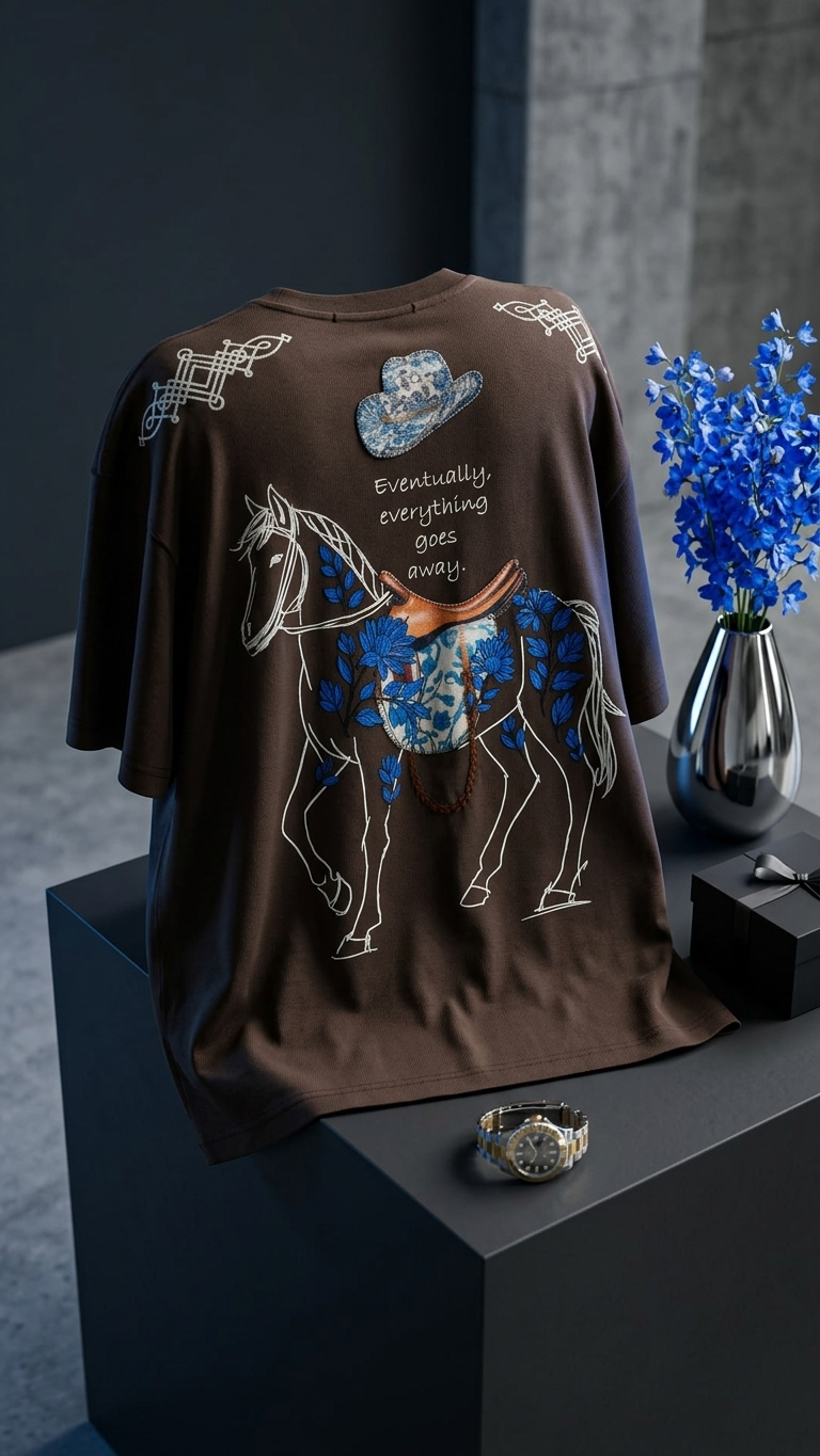 At Aplike Detaylı Kahve Oversize Tshirt 5054