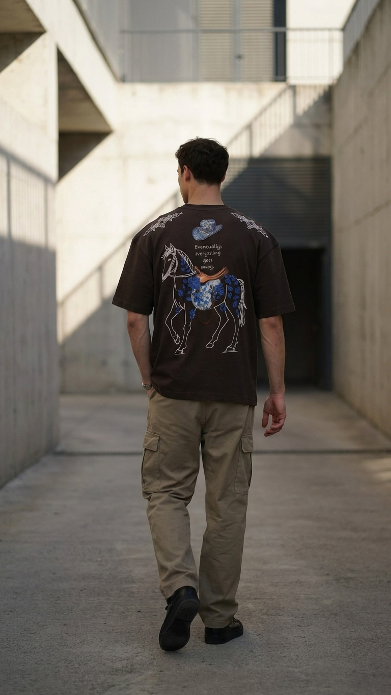 At Aplike Detaylı Kahve Oversize Tshirt 5054