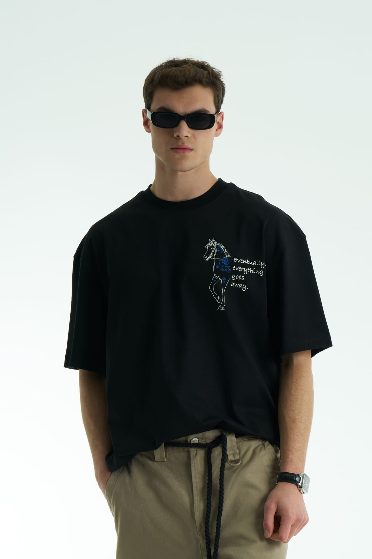 At Aplike Detaylı Siyah Oversize Tshirt 5054