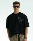 At Aplike Detaylı Siyah Oversize Tshirt 5054