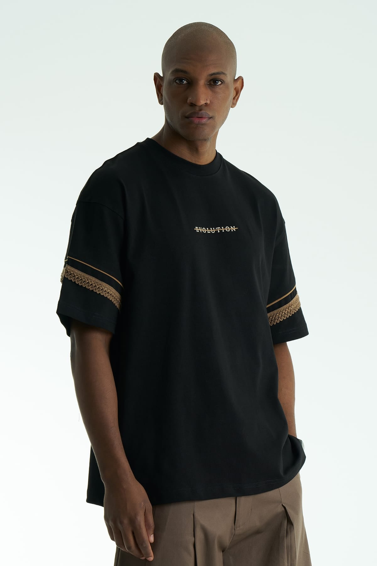 Kol Biye Şeritli Siyah Oversize Tshirt 5072