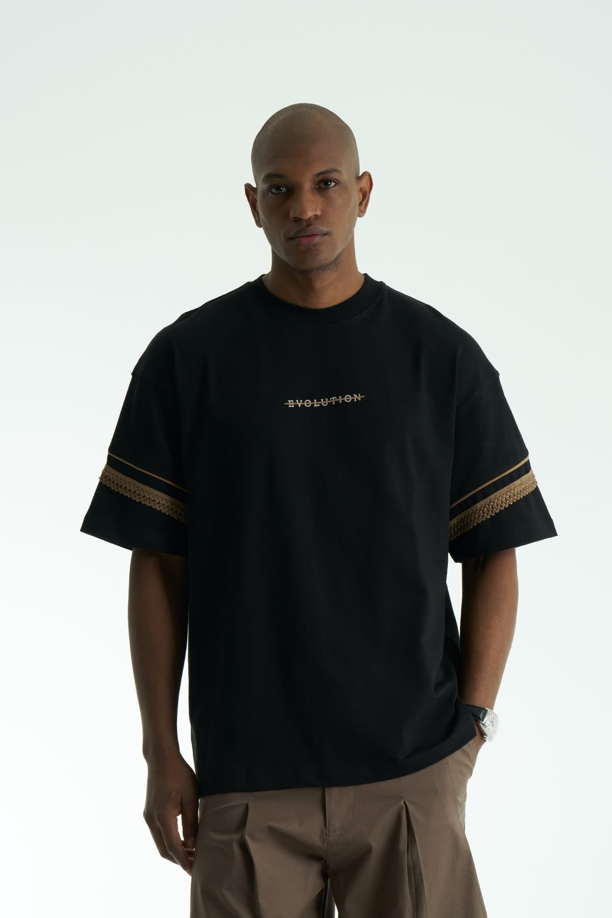 Kol Biye Şeritli Siyah Oversize Tshirt 5072
