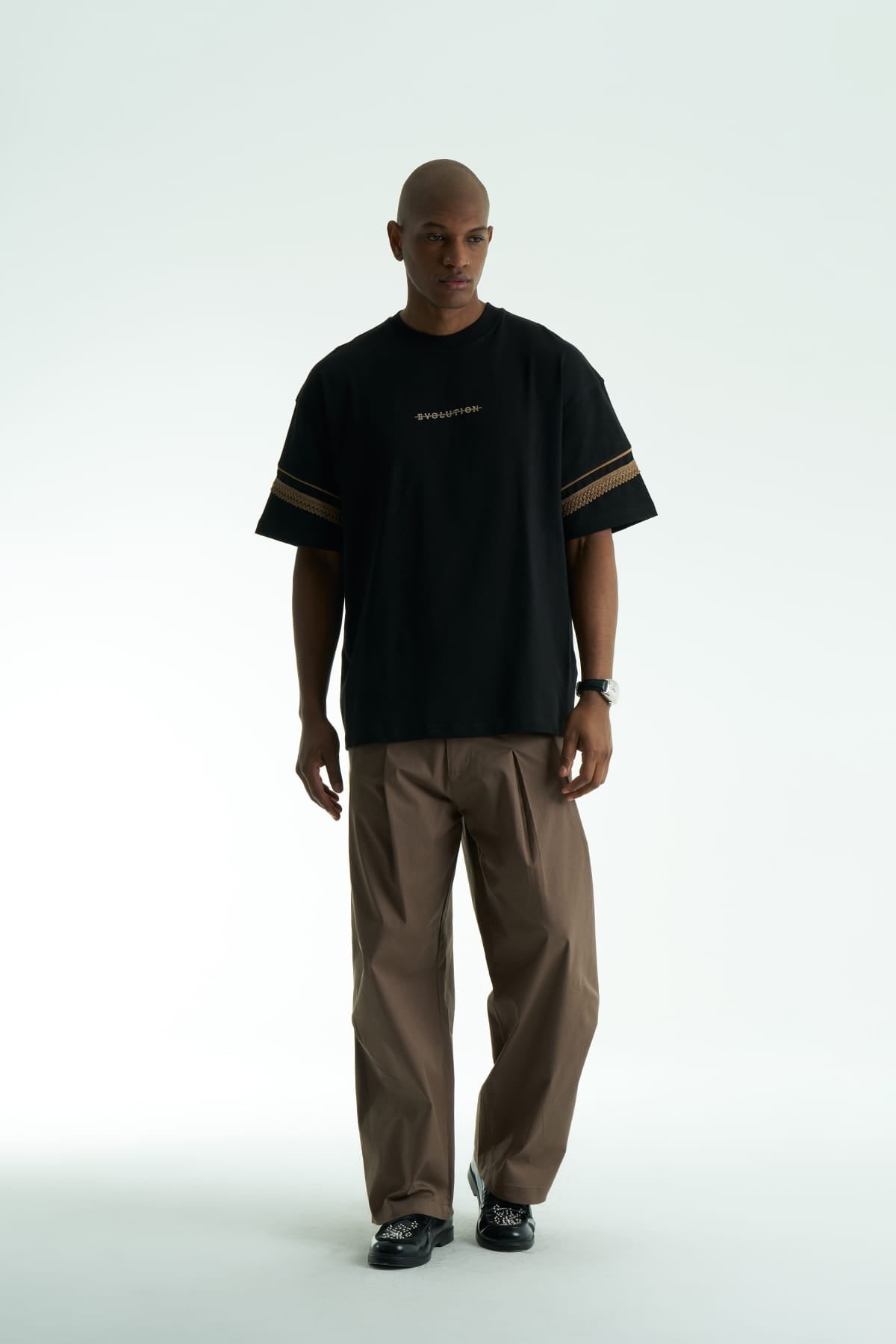 Kol Biye Şeritli Siyah Oversize Tshirt 5072