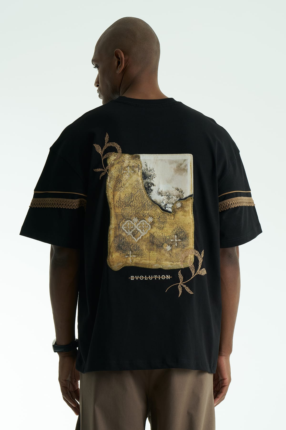 Kol Biye Şeritli Siyah Oversize Tshirt 5072
