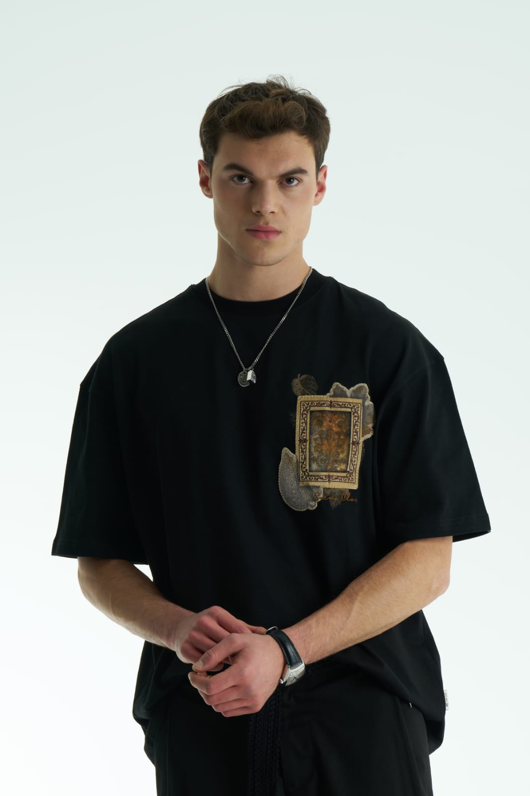 Yaprak Desen Siyah Oversize Tshirt 5087