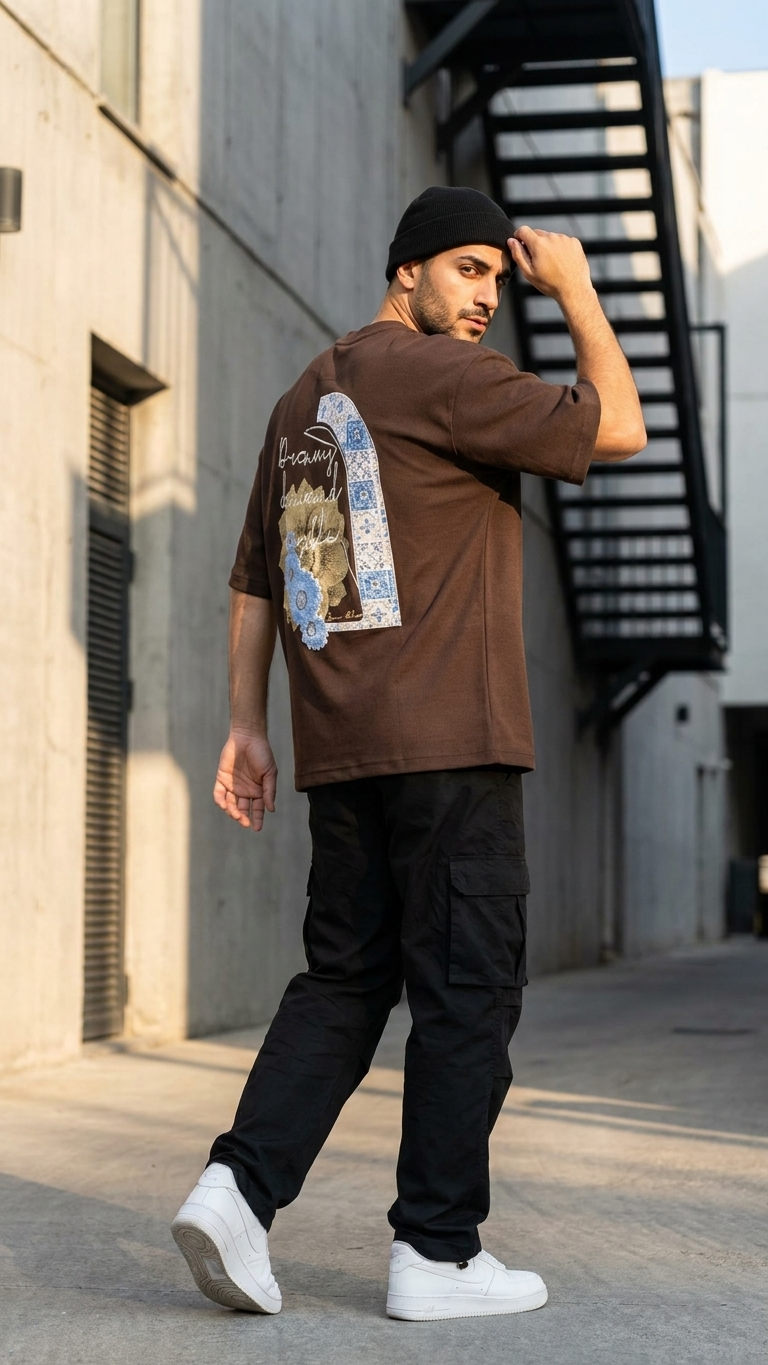 Nakış İşlemeli Kahve Oversize Tshirt 5103