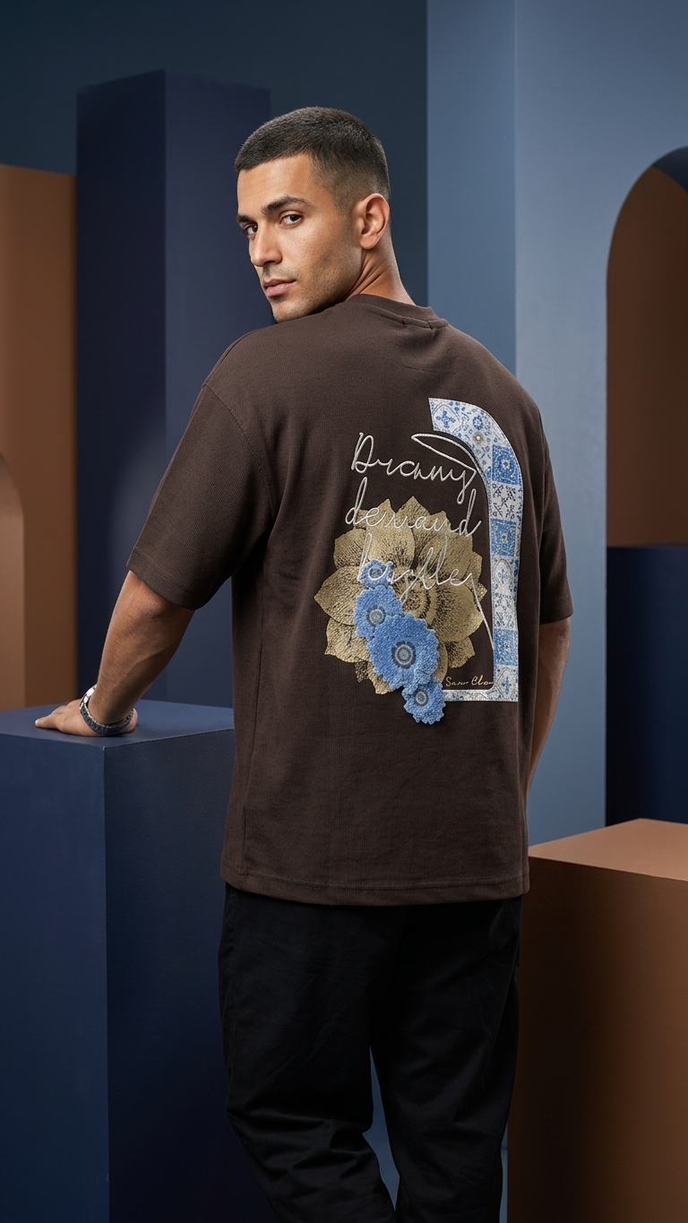 Nakış İşlemeli Kahve Oversize Tshirt 5103