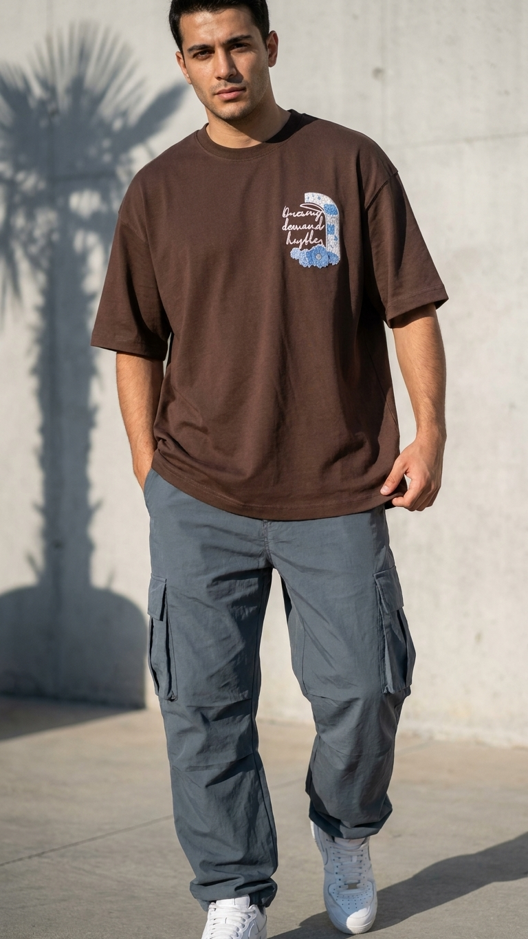 Nakış İşlemeli Kahve Oversize Tshirt 5103